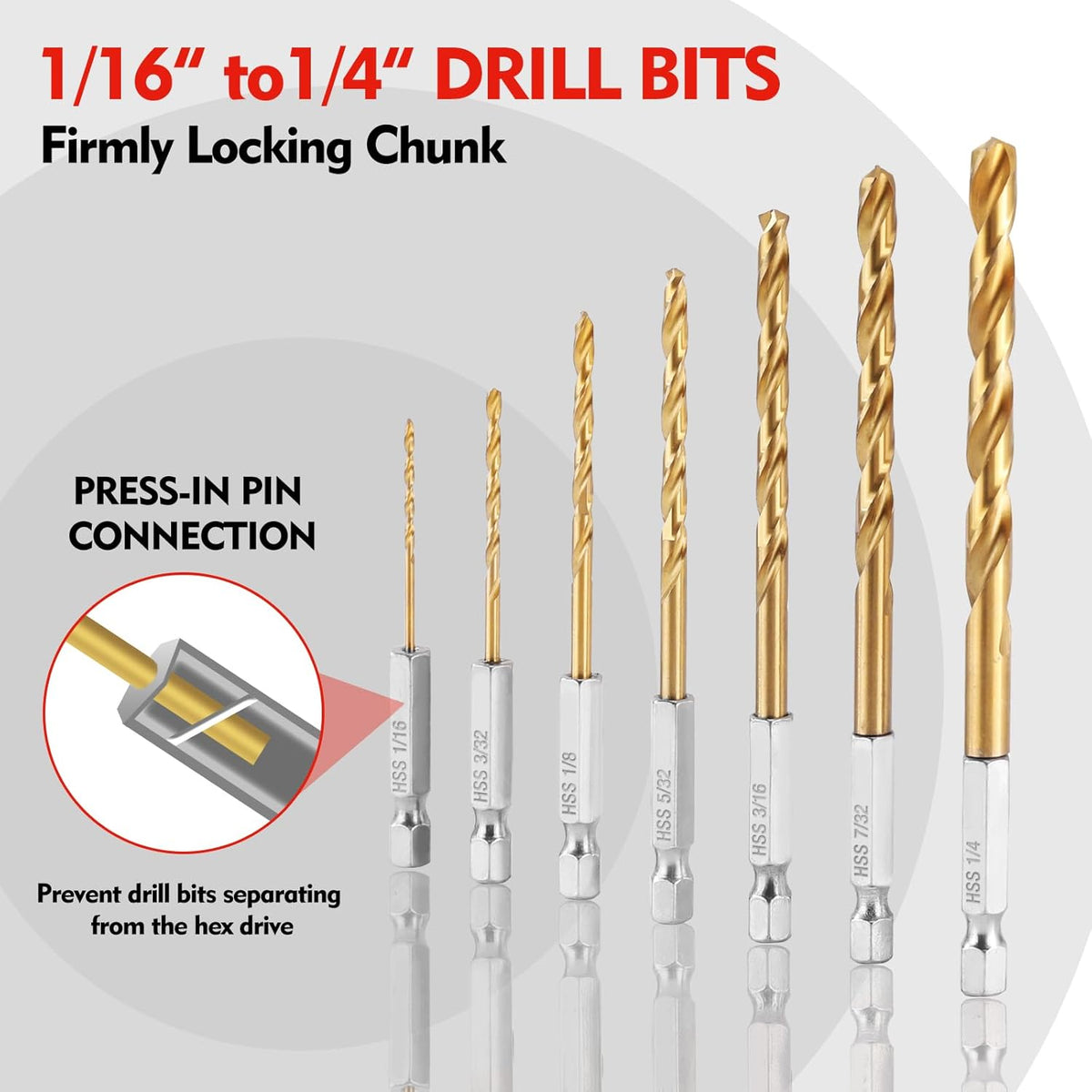 Hex shank drill bit set with gold bits and silver hex shank ends