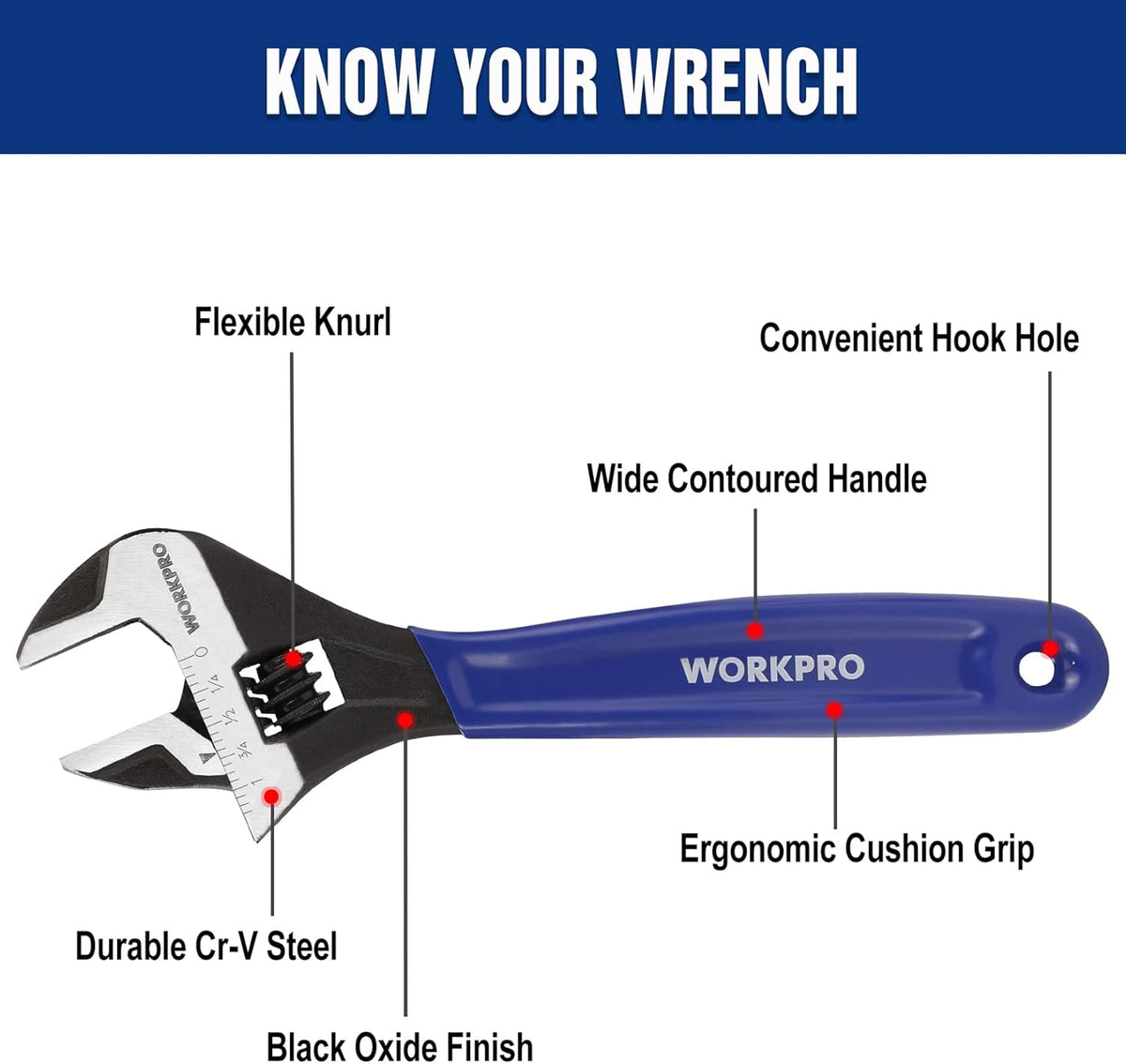Adjustable wrench with wide contoured handle, ergonomic cushion grip, hook hole