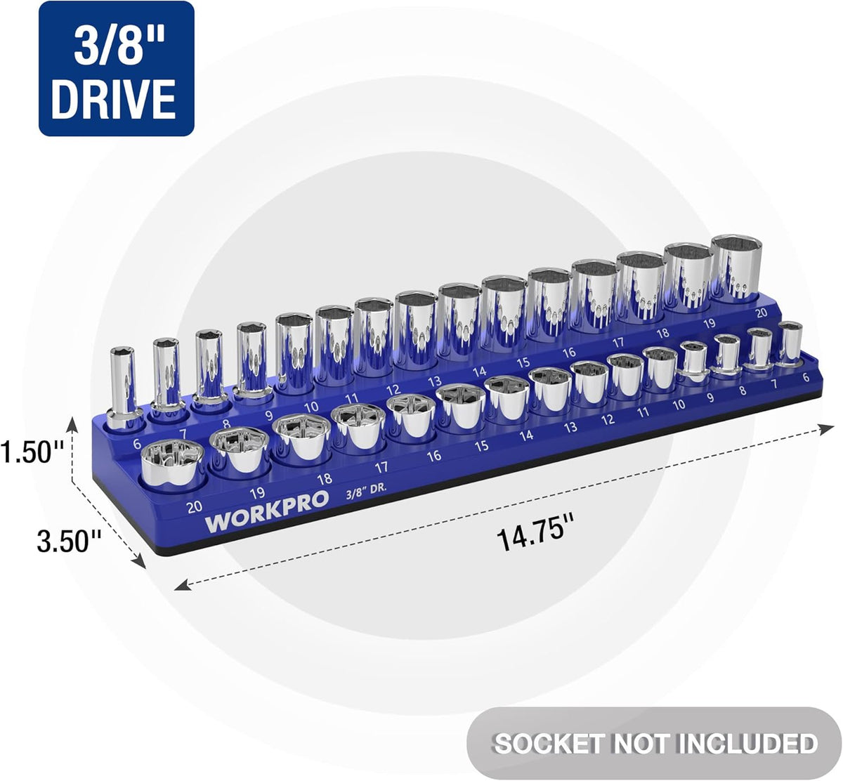 3/8-inch drive metric magnetic socket organizer with chrome sockets on blue tray