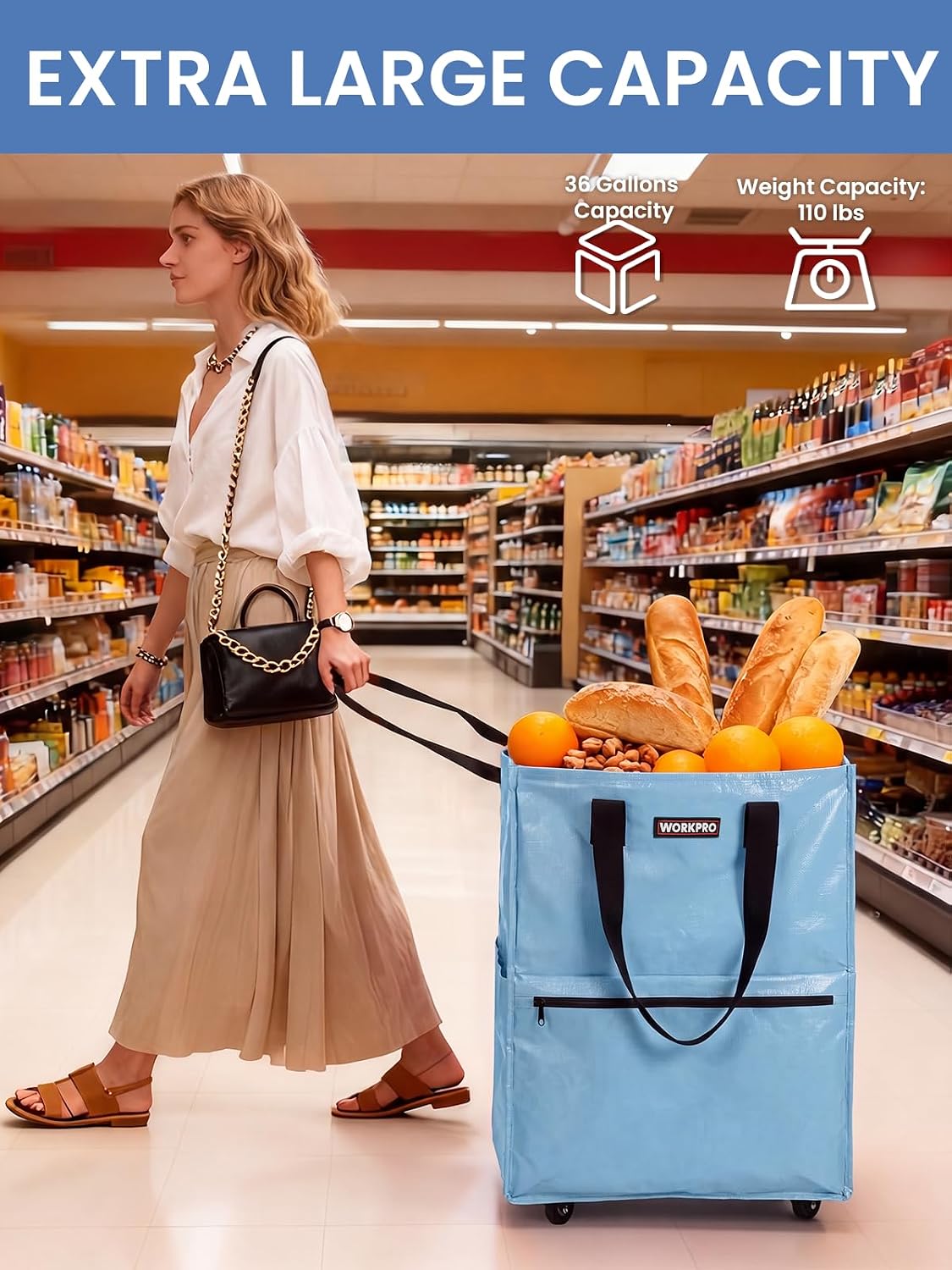 Light blue 36-gallon rolling grocery bag with dual loop handles and front zip pocket