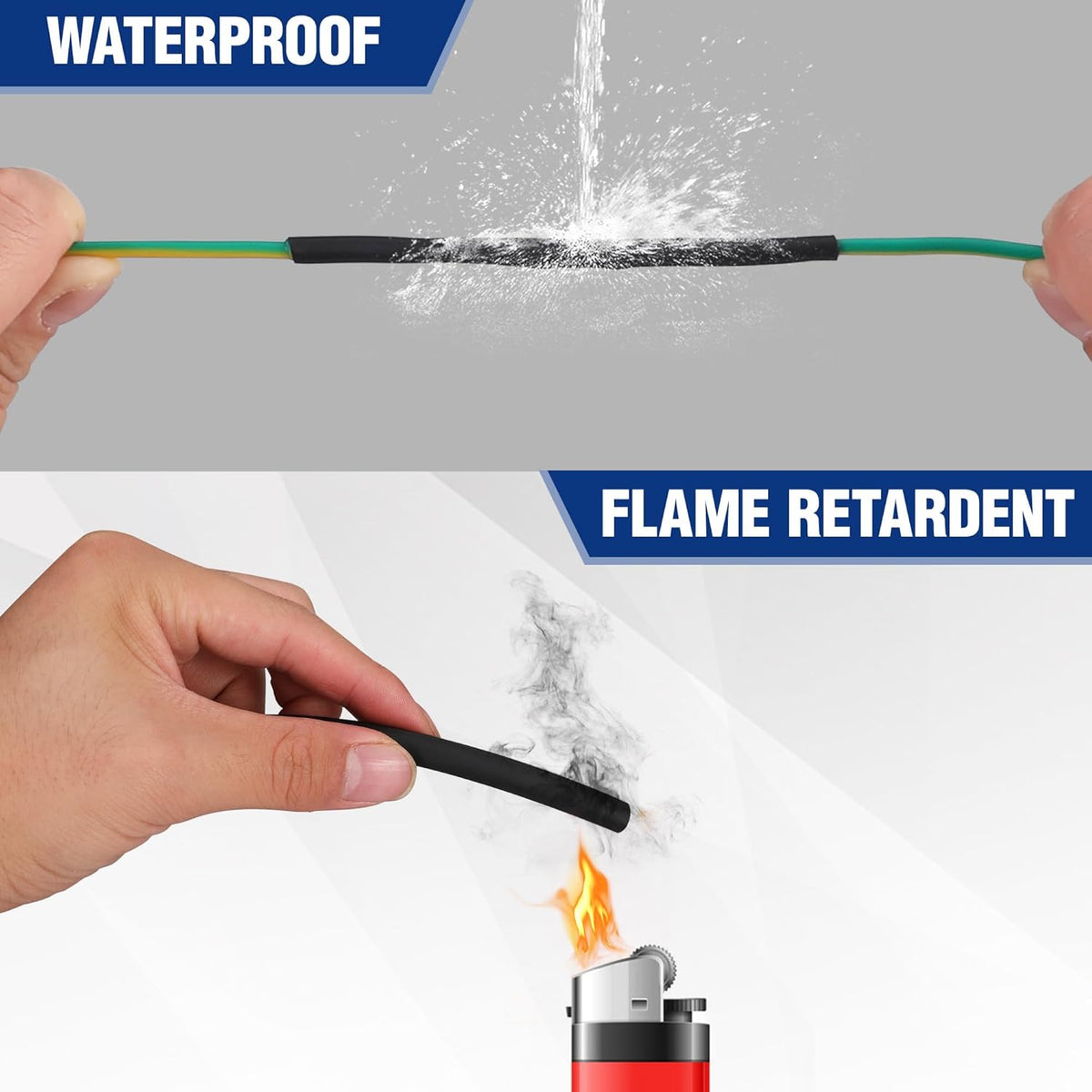 Black dual-wall adhesive heat shrink tubing forming a waterproof seal over a joint