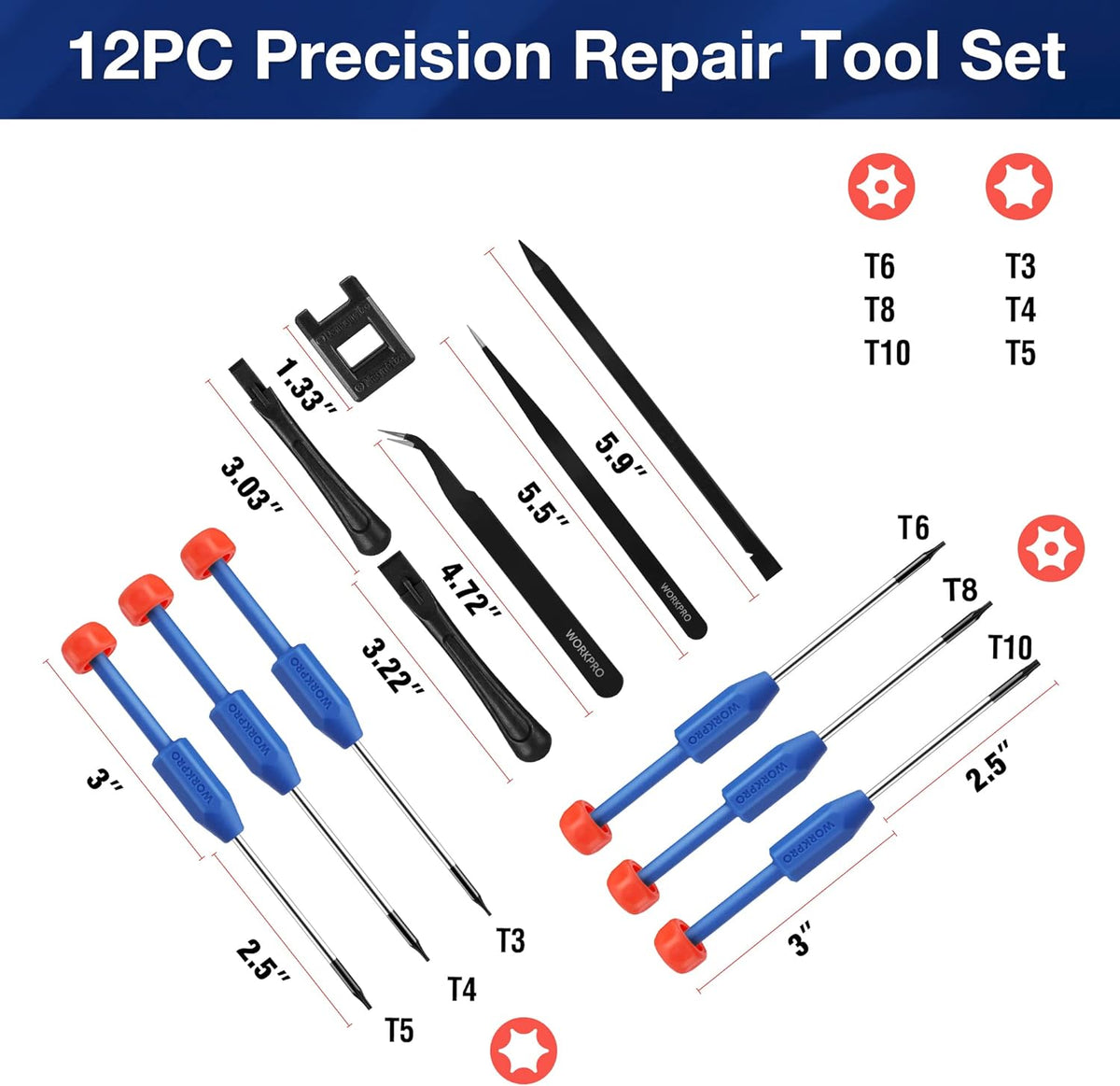 12-piece precision repair tool set with blue/black handles and Torx T3–T10 bits