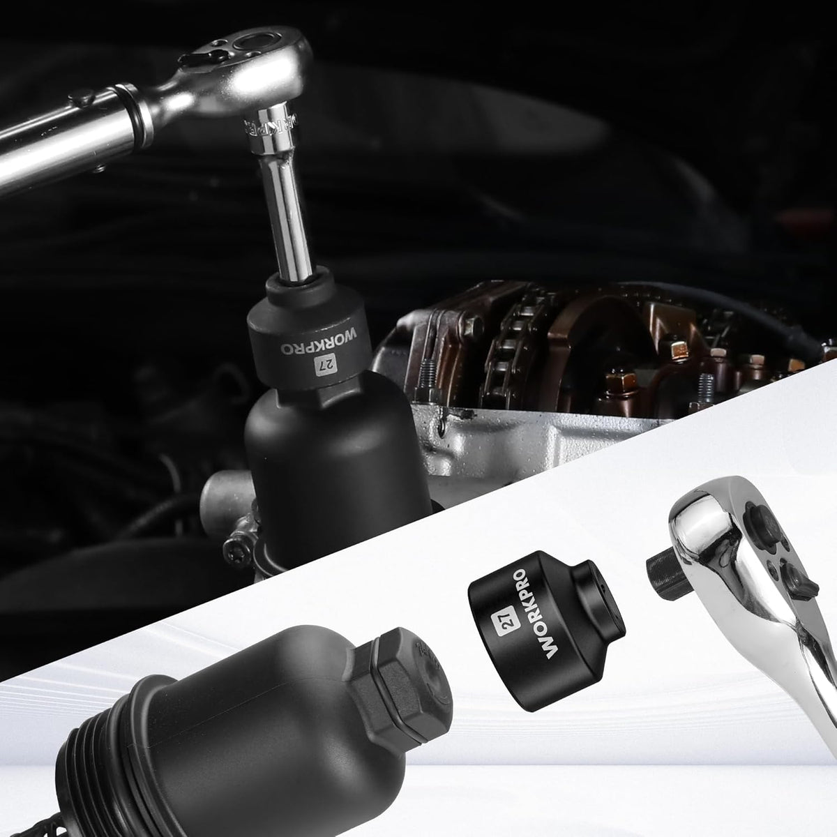 27mm oil filter socket wrench shown with 3/8 in ratchet adapter