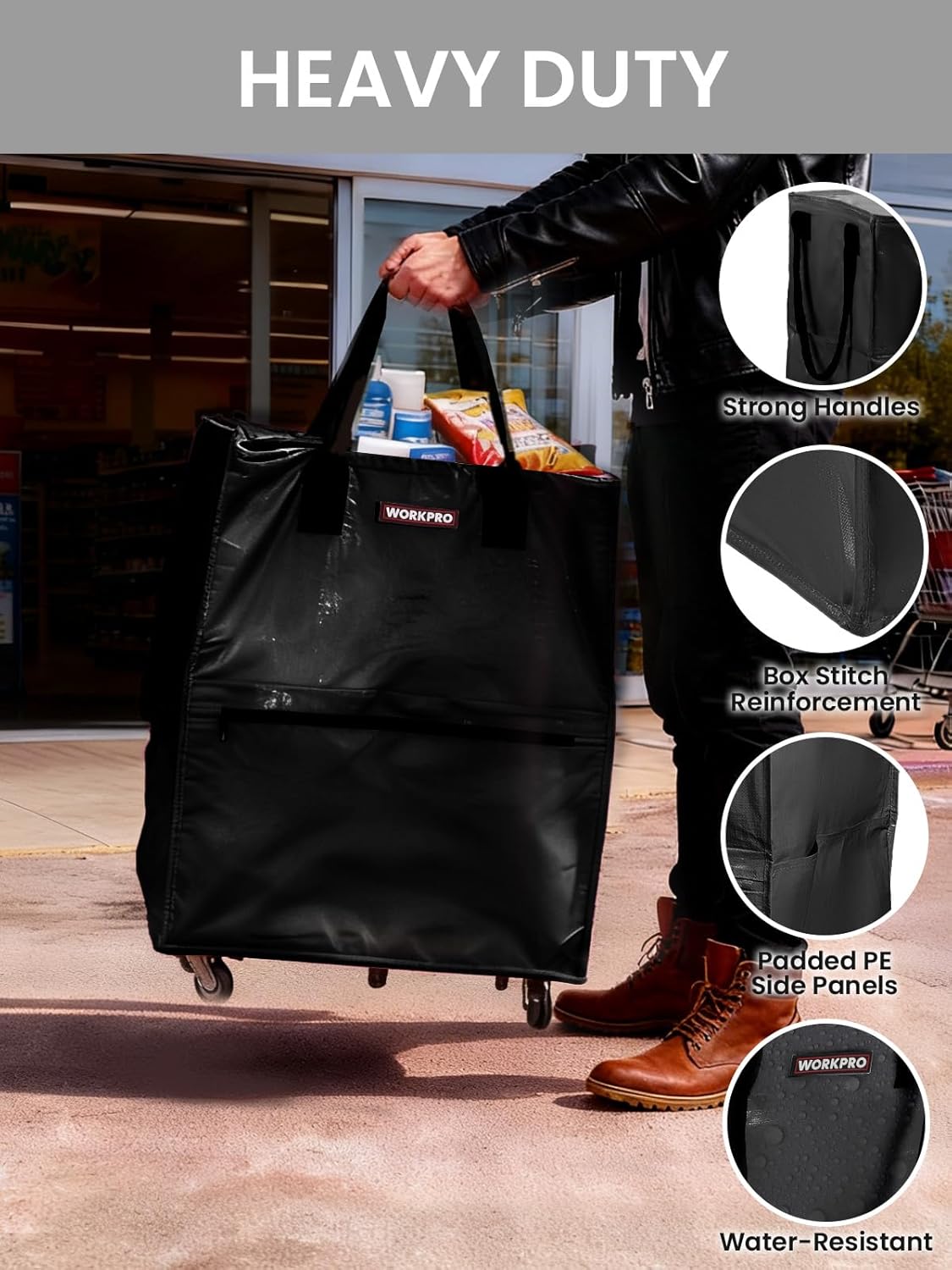 Black rolling tote with strong handles and reinforced seams, open top grocery bag.
