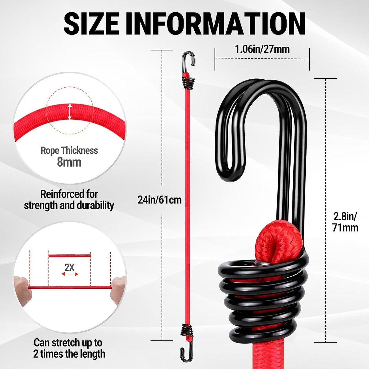 Workpro 24 inch bungee cords with hooks in red and black, featuring reinforced spiral construction and 8 mm thickness.