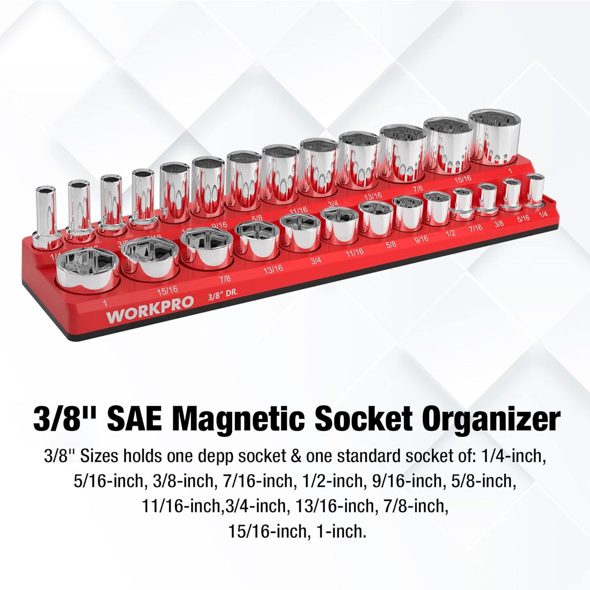 Red 3/8-inch magnetic socket organizer tray with chrome SAE sockets and labeled slots