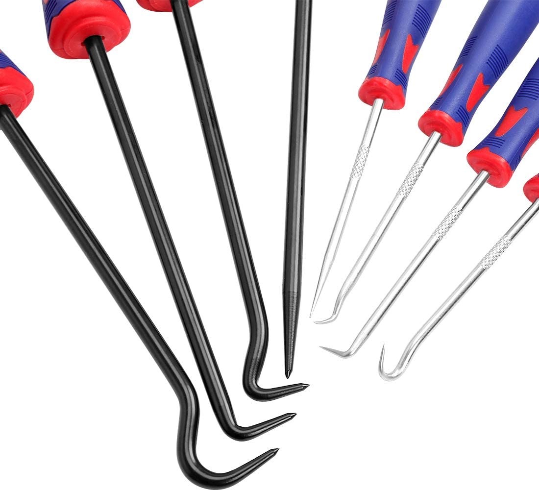 Blue-handled pick and hook tools with silver tips and black U-shaped hooks
