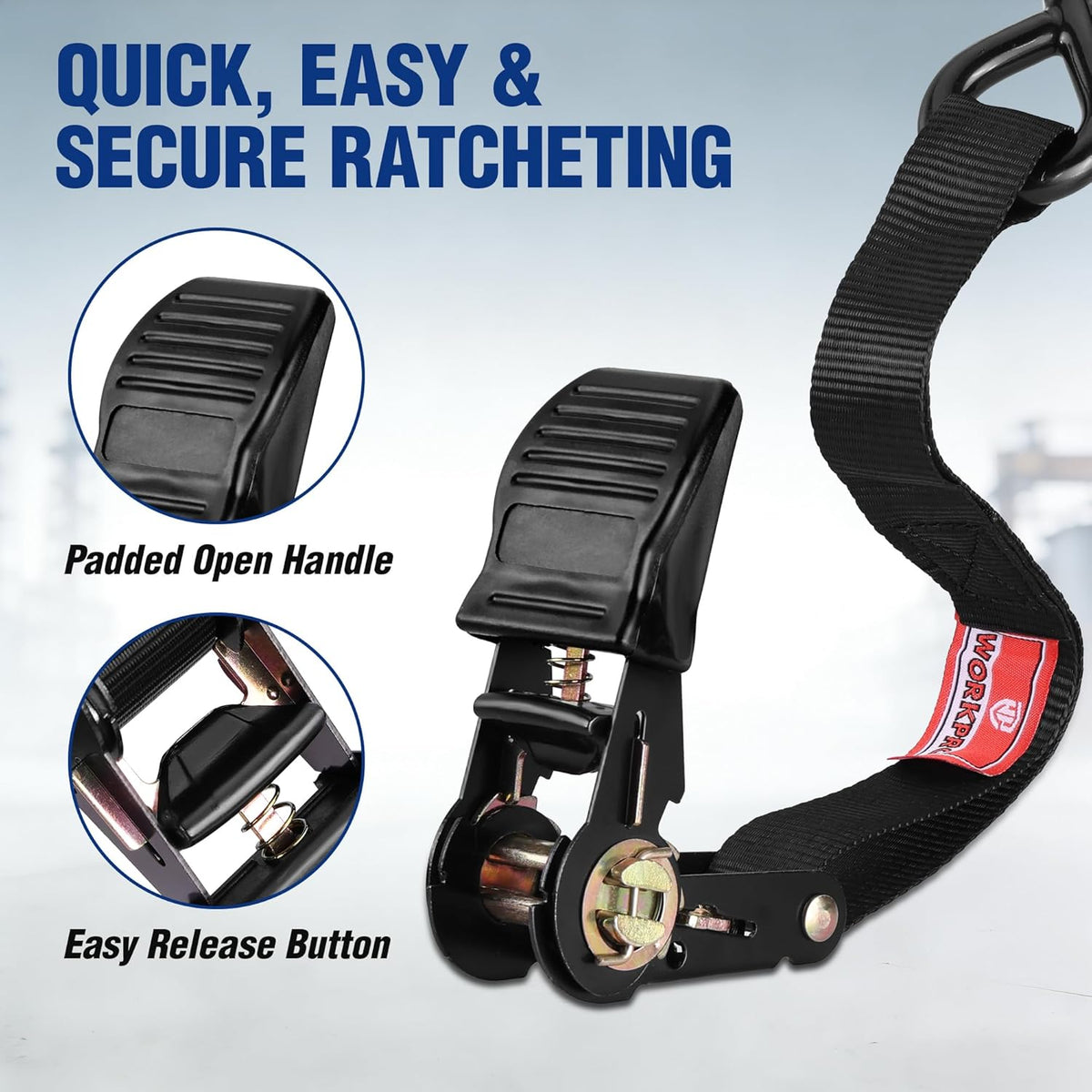 Black ratchet tie down with padded open handle and easy release button