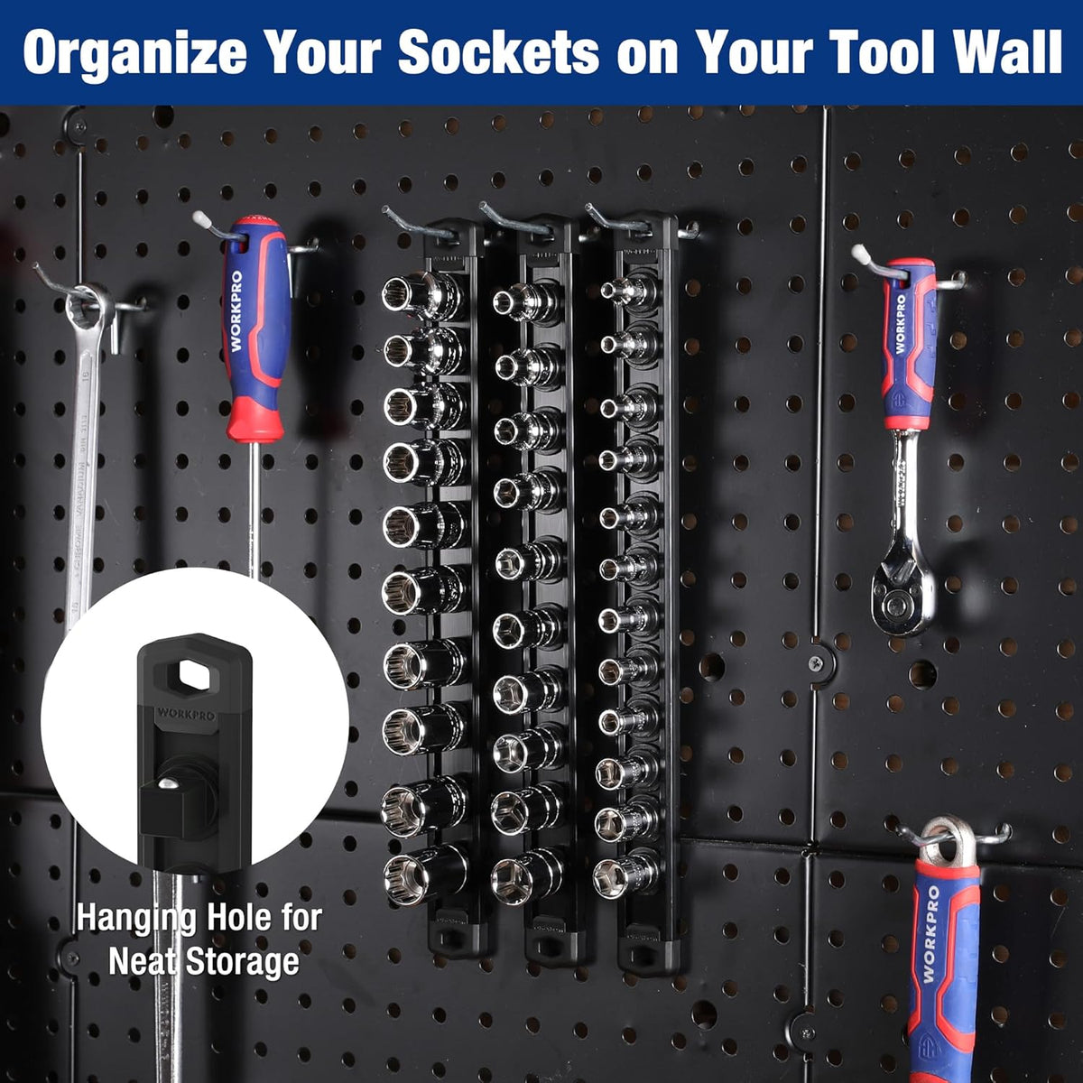 Black magnetic socket rack on pegboard with multiple clip positions for sockets
