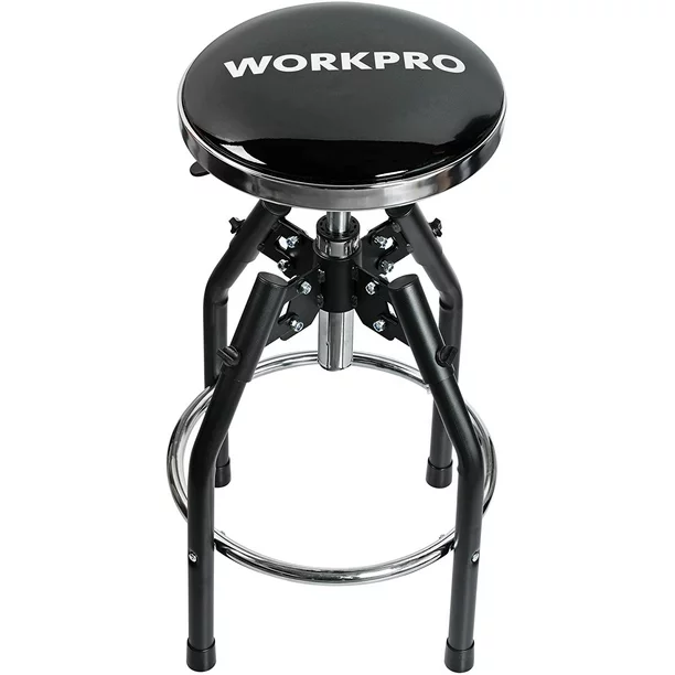 Adjustable hydraulic shop stool with black round seat and chrome footrest ring