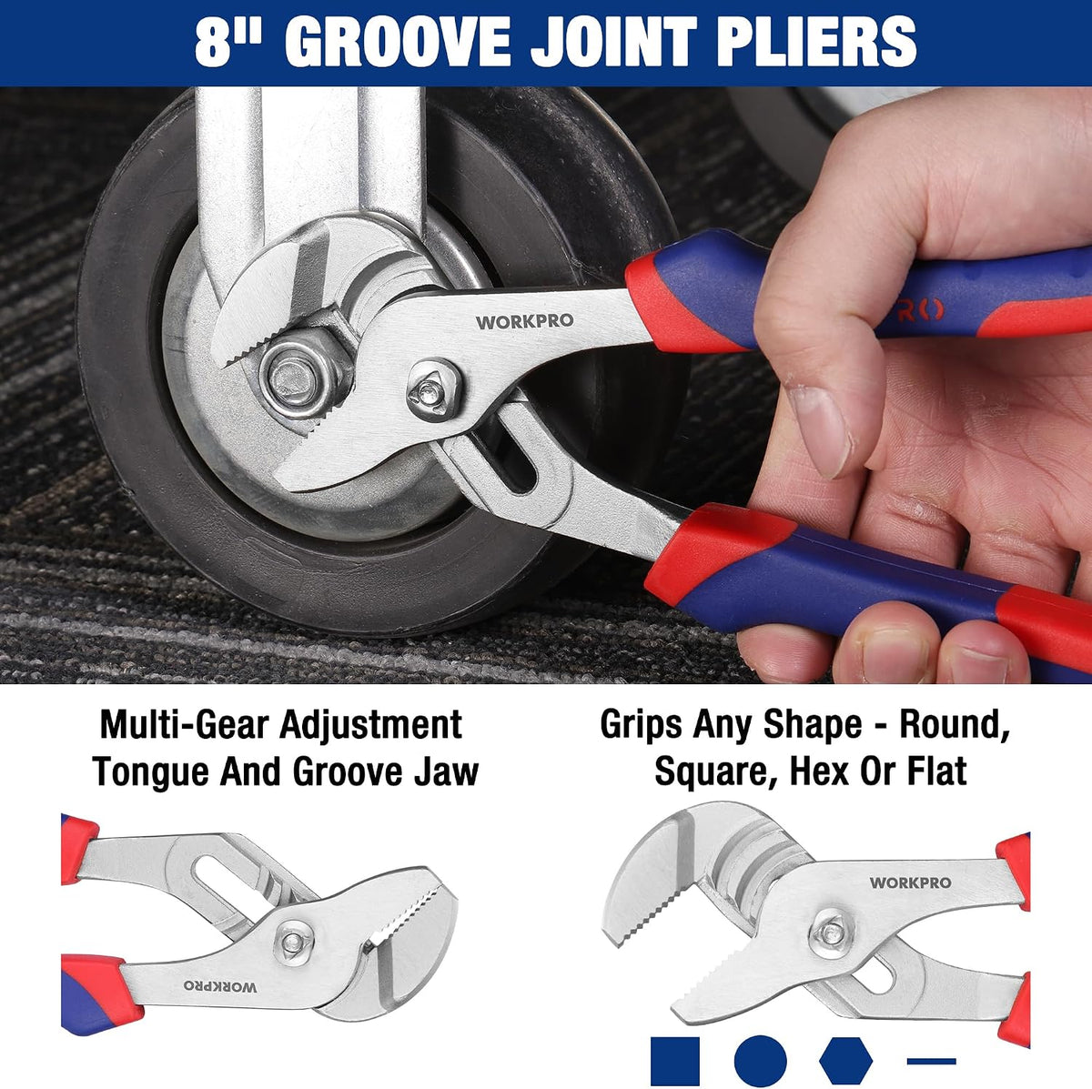 Workpro 4 piece plier set with blue and red bi-material soft-grip handles and 8 inch groove joint pliers