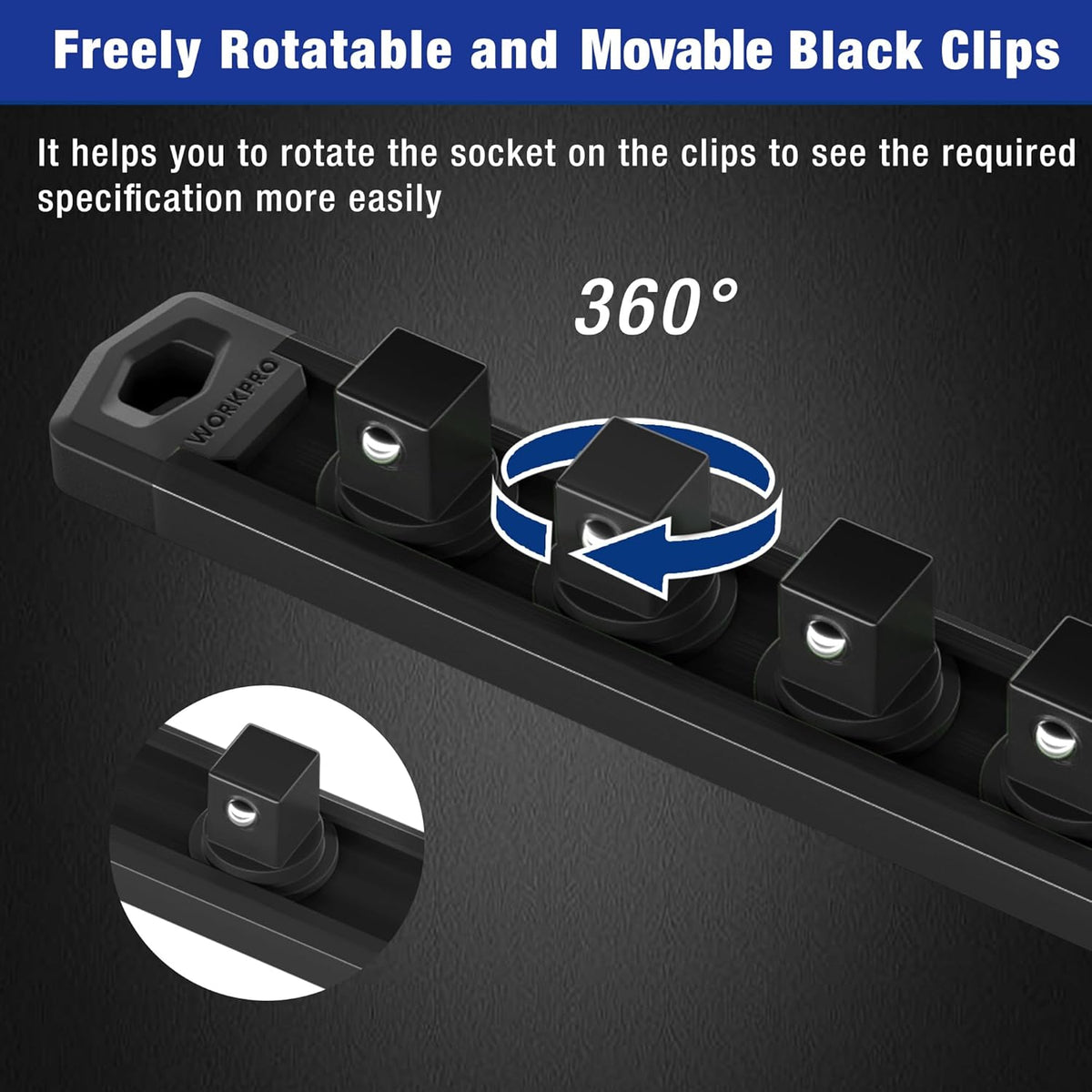 Black magnetic socket rail with 360-degree rotatable, movable socket clips