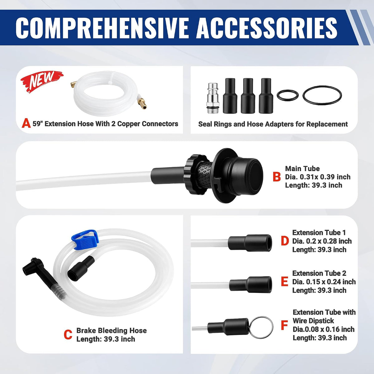 Workpro pneumatic/manual oil extractor pump with clear extension hose, brass connectors and black replacement adapters.