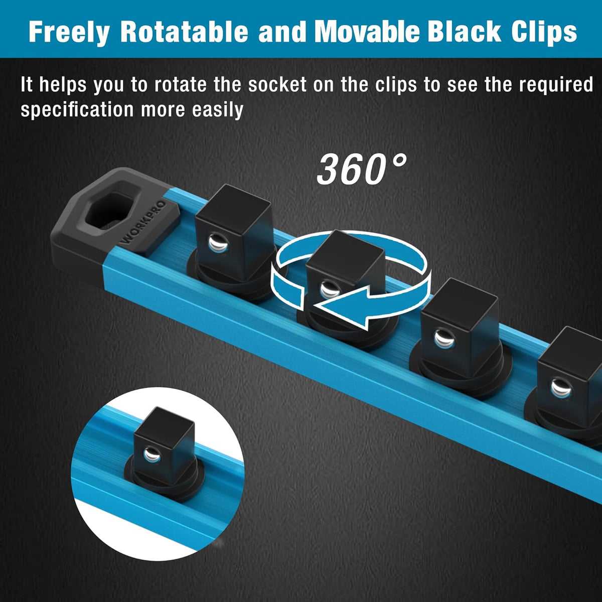 Magnetic socket rail with movable black clips on a sky blue bar, 360° rotation