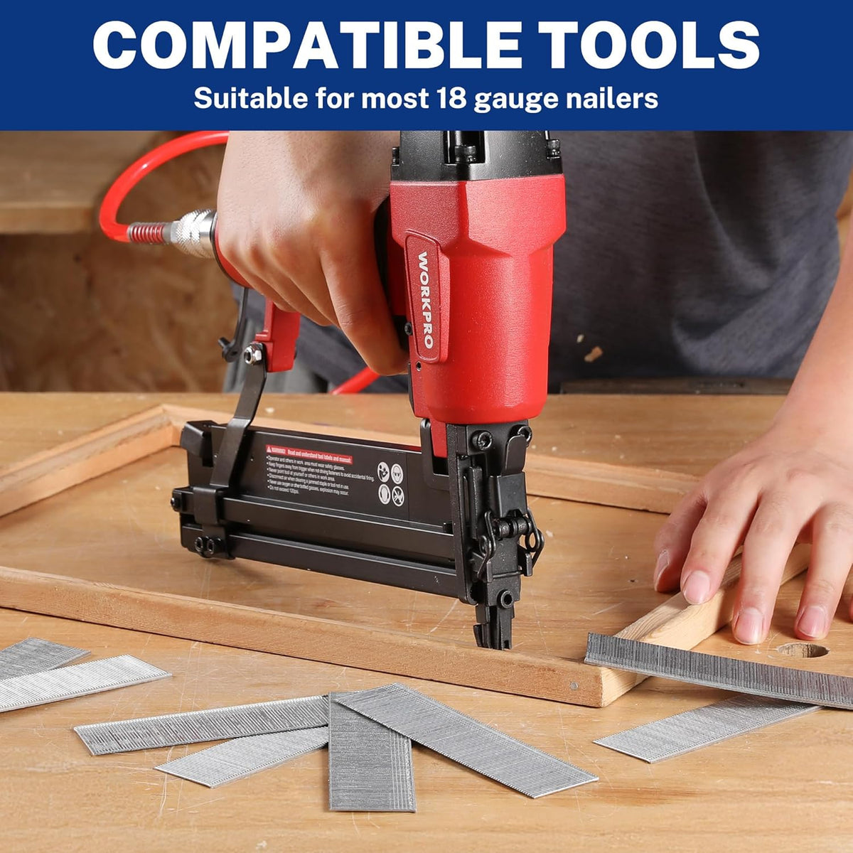 18 gauge brad nails for nailers, shown being loaded and used on wooden boards