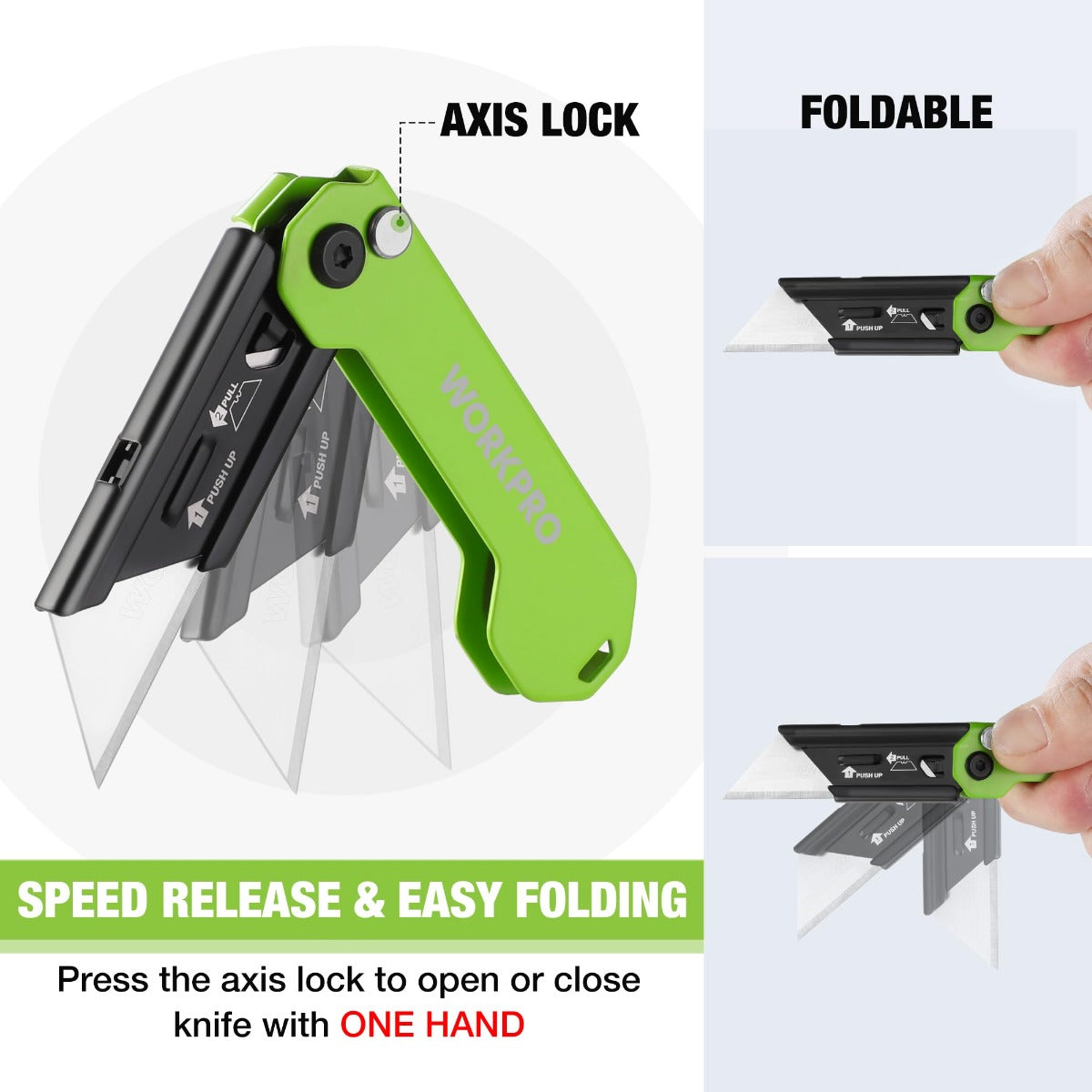 Green foldable utility knife showing axis lock and extended blade in open position