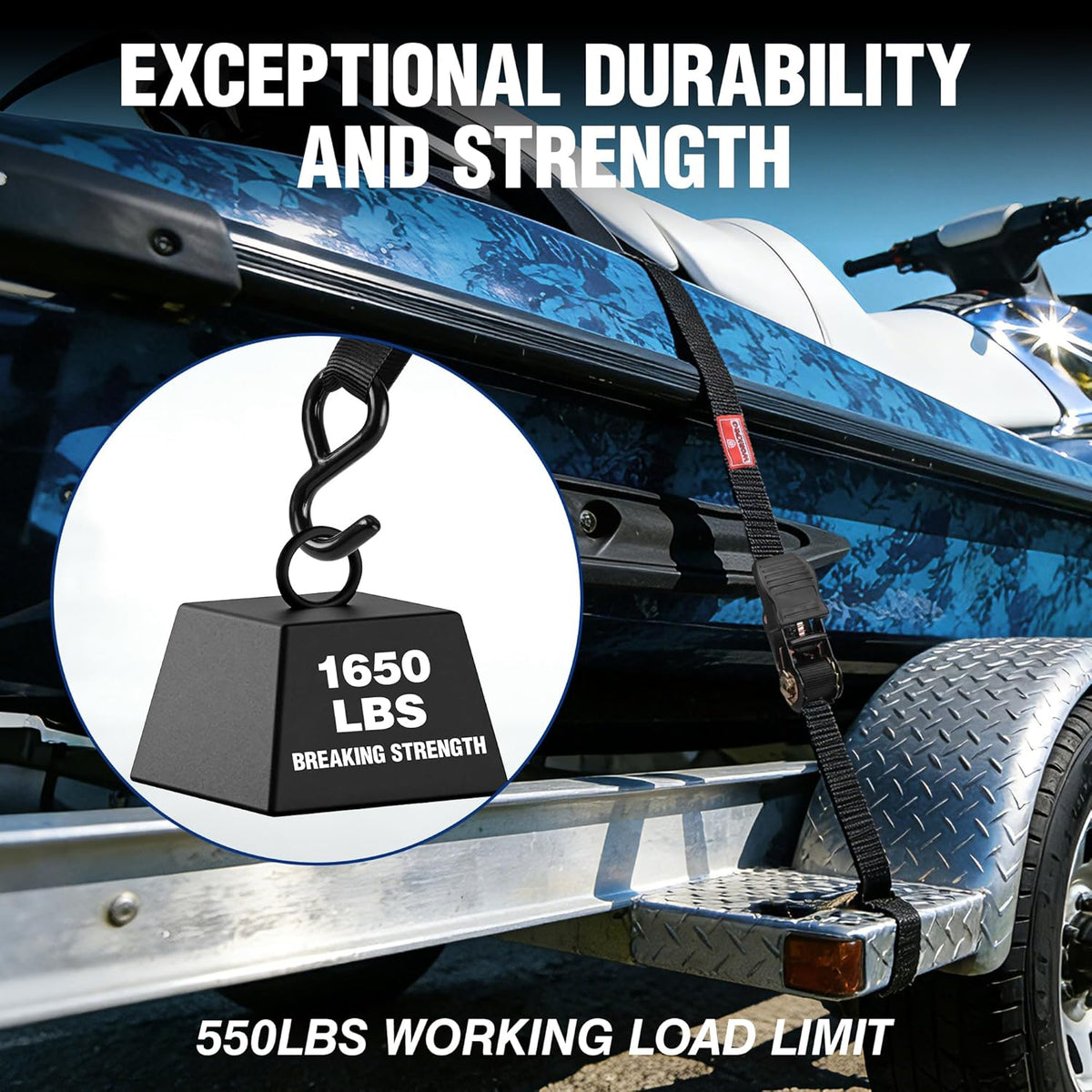 Black ratchet tie down strap with S-hook and 1650 lbs break strength label