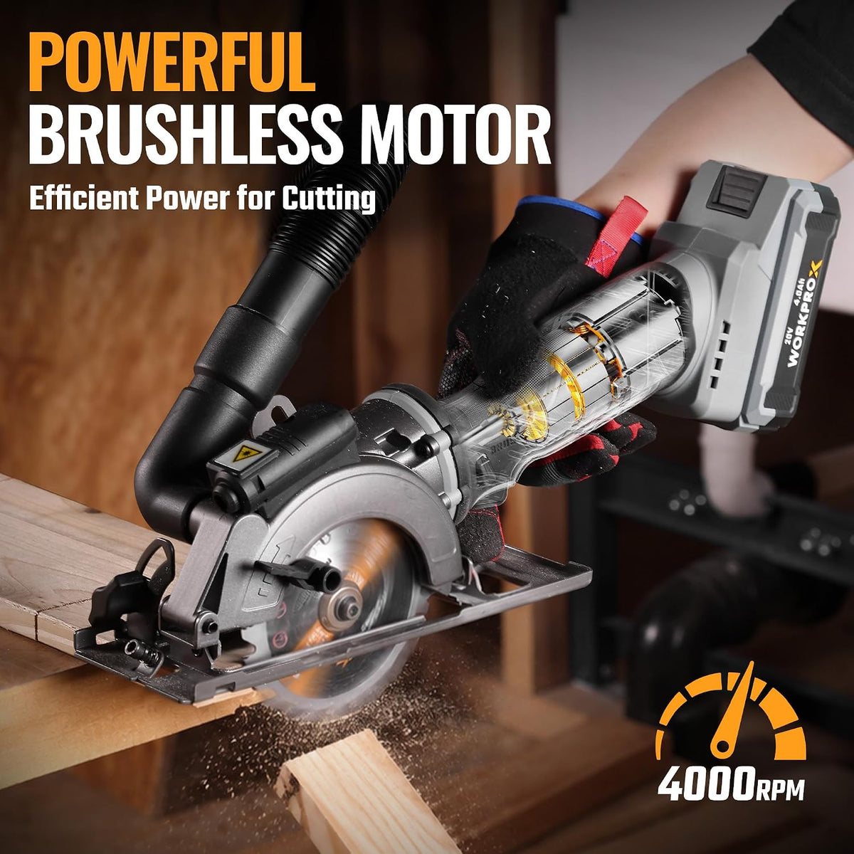 Workprox 20V cordless mini circular saw in gray and black with a 4,000 RPM brushless motor for woodworking and DIY projects.