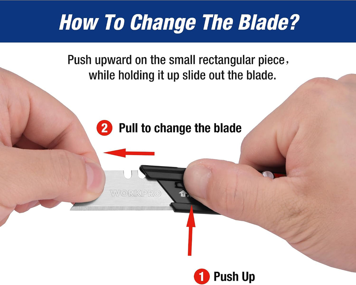Folding utility knife blade change step: push up, then pull to slide blade out.