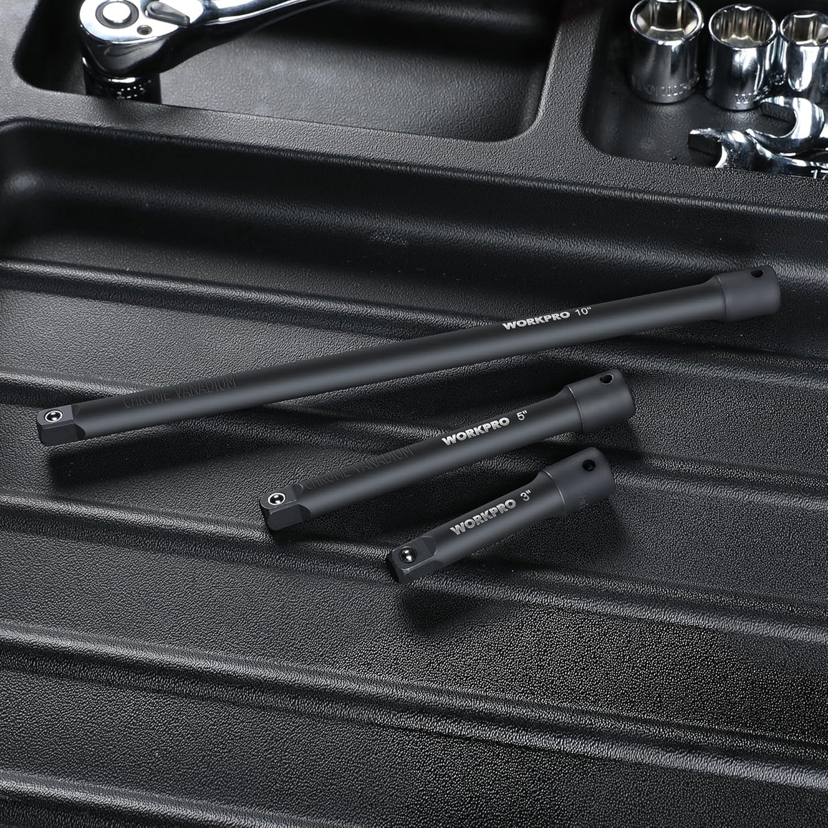 3/8-inch drive socket extension bar set, black phosphate finish, shown in tool tray
