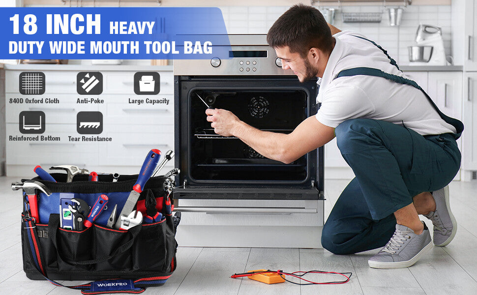 WORKPRO 18 inch tool tote bag in black with durable quality innovation for carrying and organizing tools