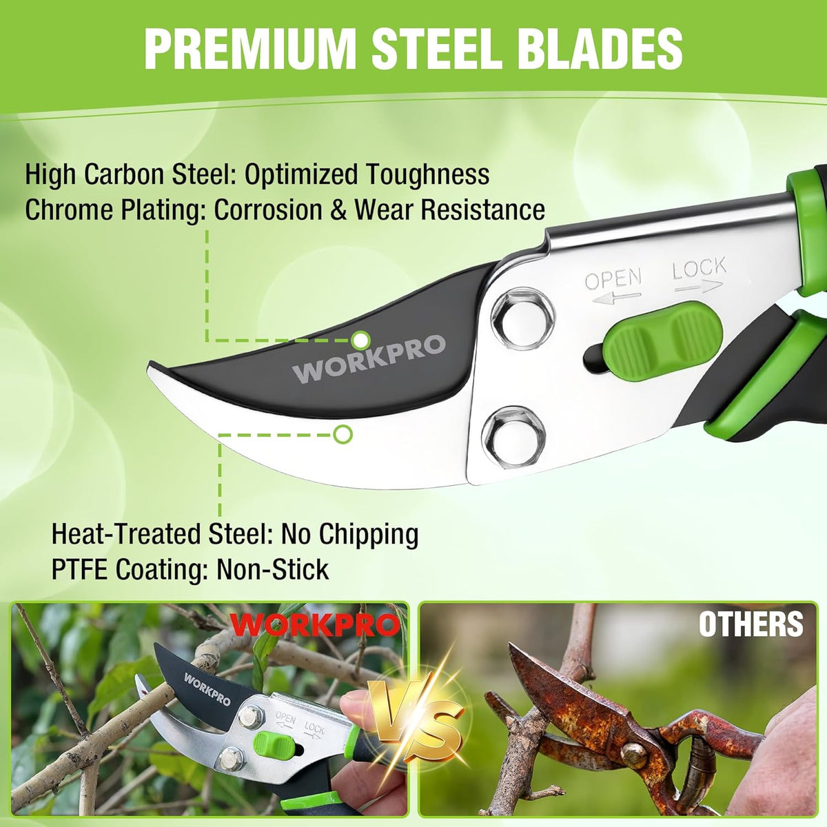 Bypass pruning shears with black and green non-slip handles, open-lock thumb switch