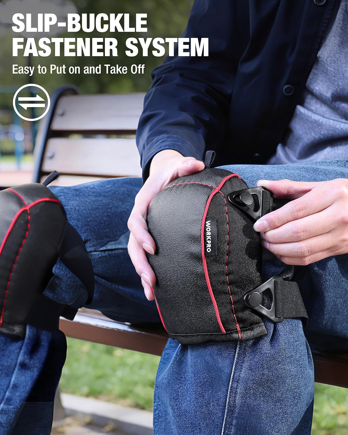 WORKPRO kneeling cushion knee pads, black foam with red stitching and buckle straps