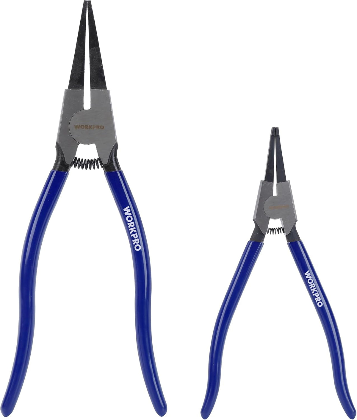 WORKPRO lock ring pliers set with blue grips, two sizes (8 in and 11 in)