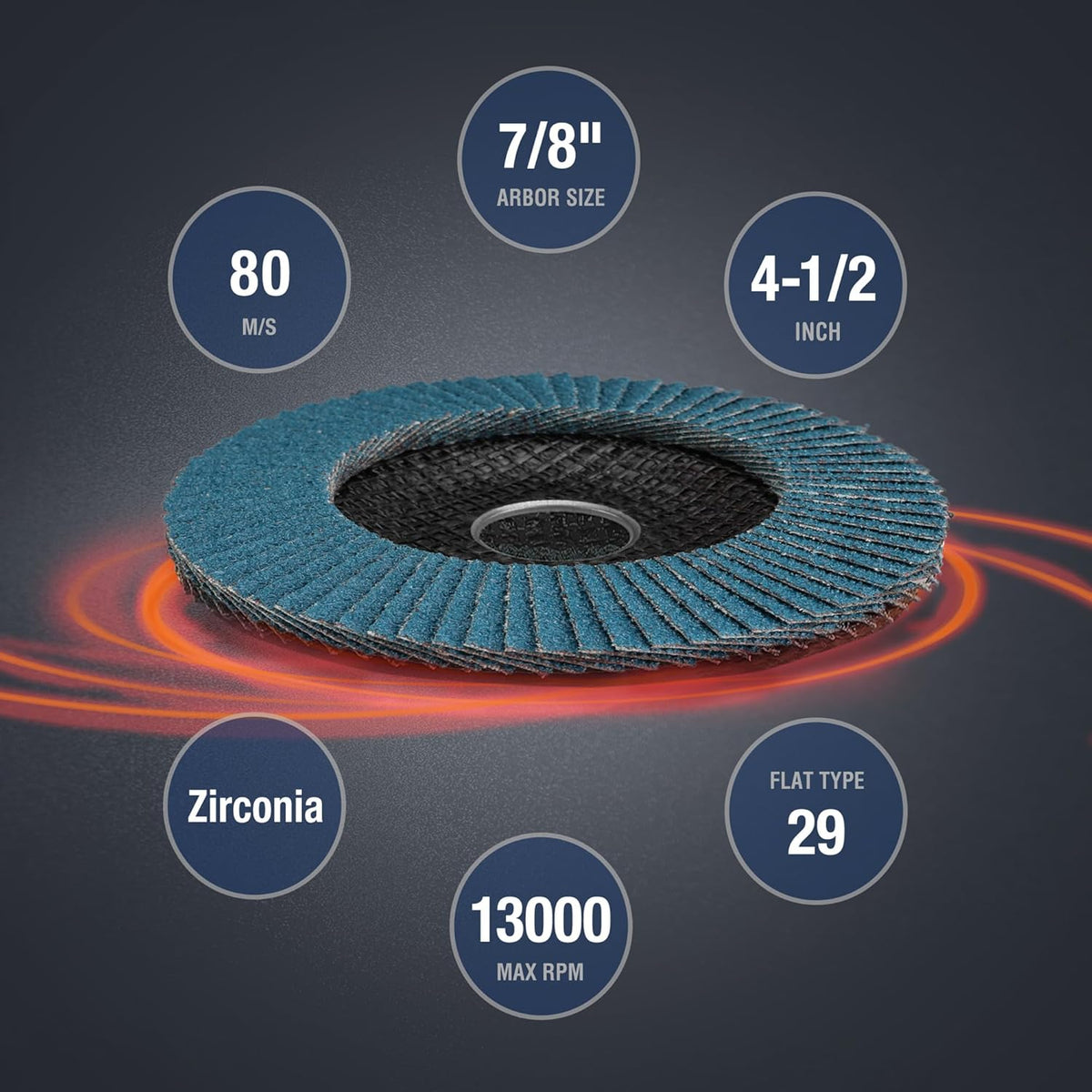 Blue zirconia flat flap disc with black center, 4-1/2 in size, 7/8 in arbor
