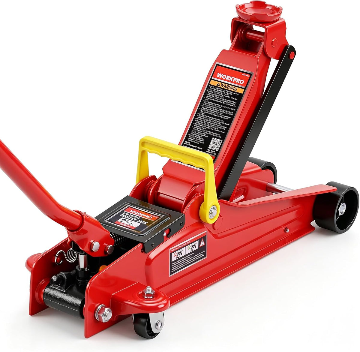 WORKPRO 2.5 ton hydraulic trolley floor jack, heavy duty steel car jack in red with secure, durable build