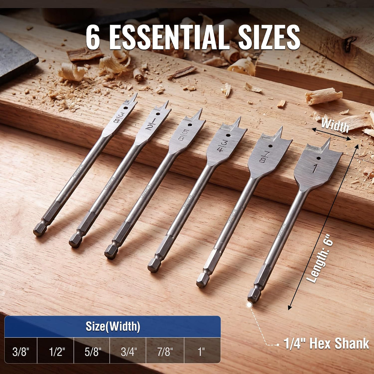 WORKPRO 6 piece spade drill bit set in silver steel with innovation, quality, durable, secure, convenient