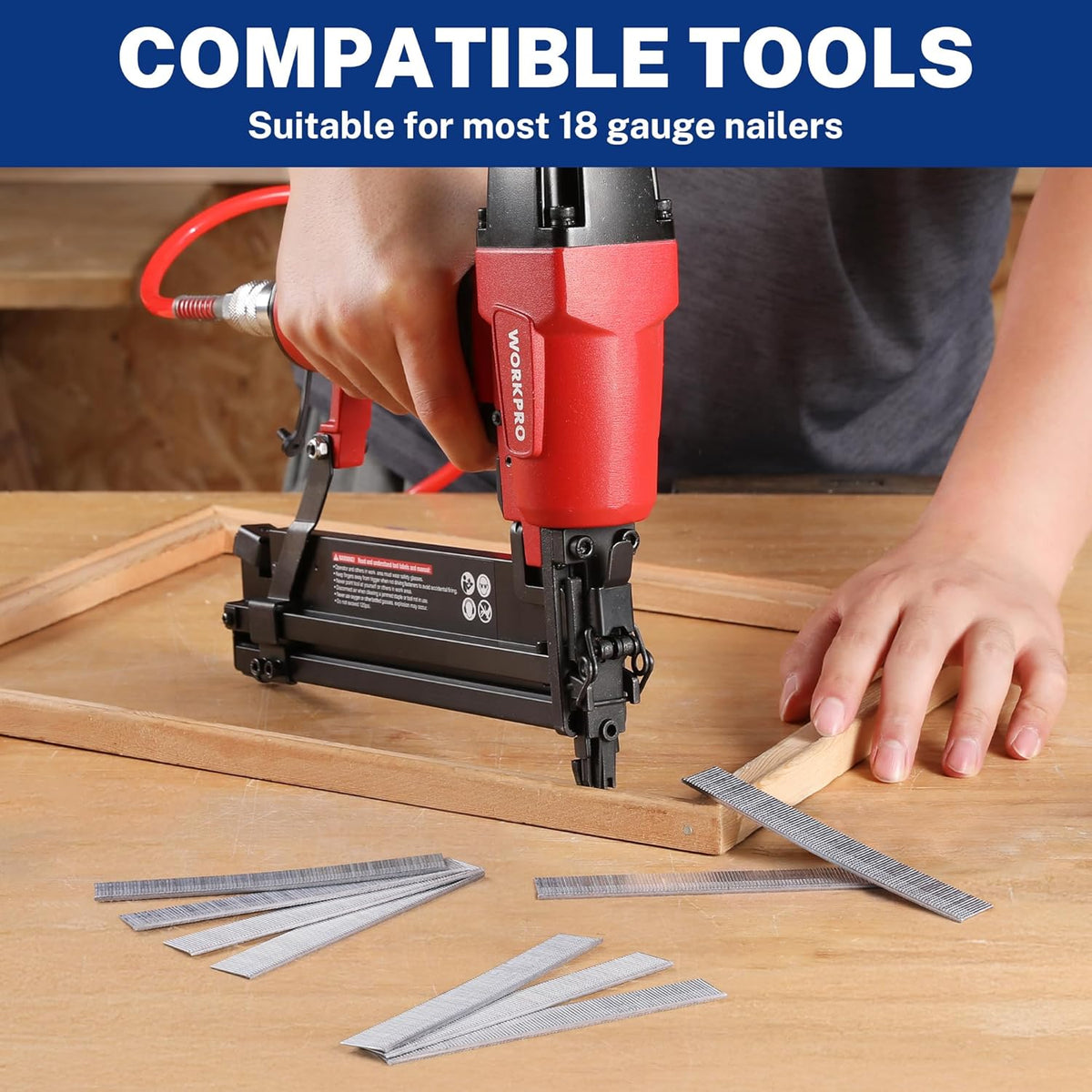WORKPRO 18GA brad nails for nailers, shown with pneumatic nail gun and wood trim