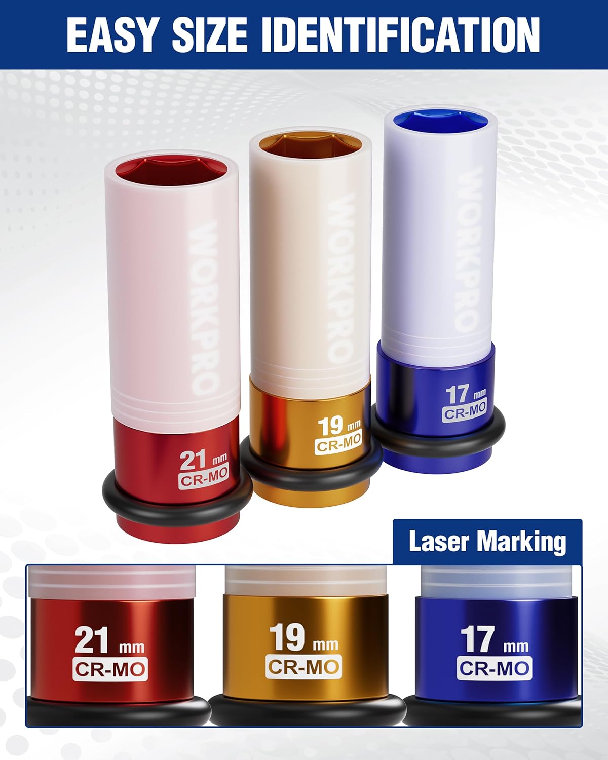 Color-coded lug nut sockets for 17mm, 19mm, and 21mm sizes on 1/2 in rail