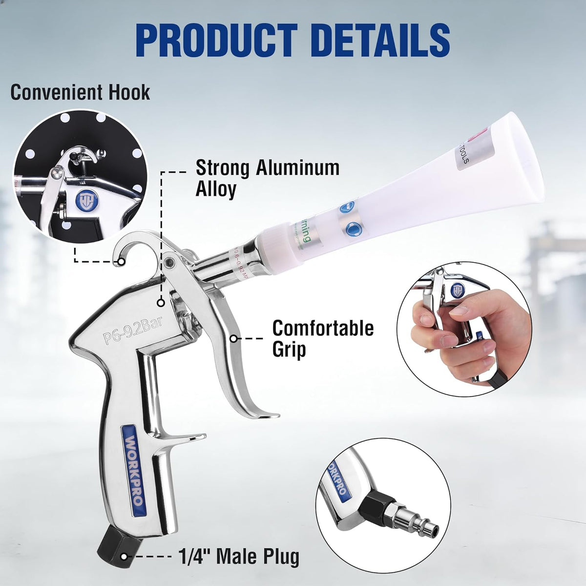 White air blow gun with comfortable grip, strong aluminum alloy body, and 1/4 male plug