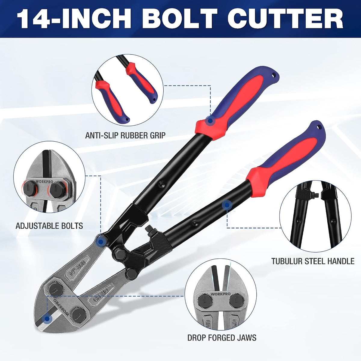 Workpro 14 inch bolt cutter in red and blue with drop-forged chrome molybdenum steel jaws for cutting bolts and rods.