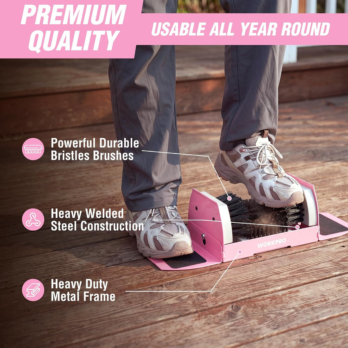 Workpro boot cleaner, heavy duty, pink scrubber with durable four-sided flexible bristles and welded metal frame.