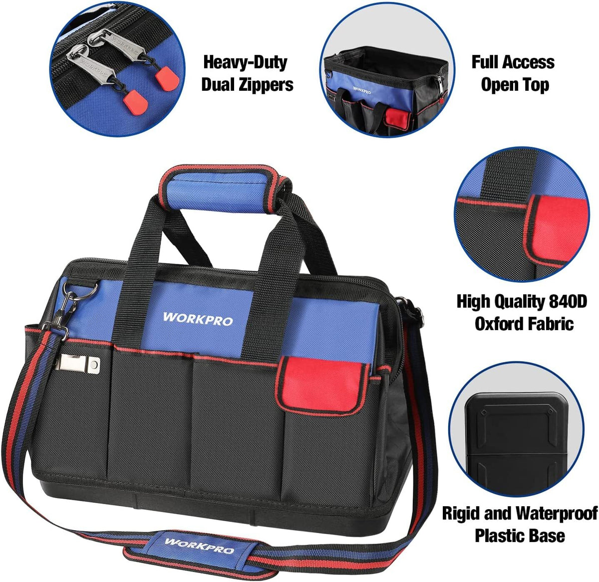 WORKPRO 18 inch tool tote bag in blue and black with innovation quality, durable oxford fabric and secure base