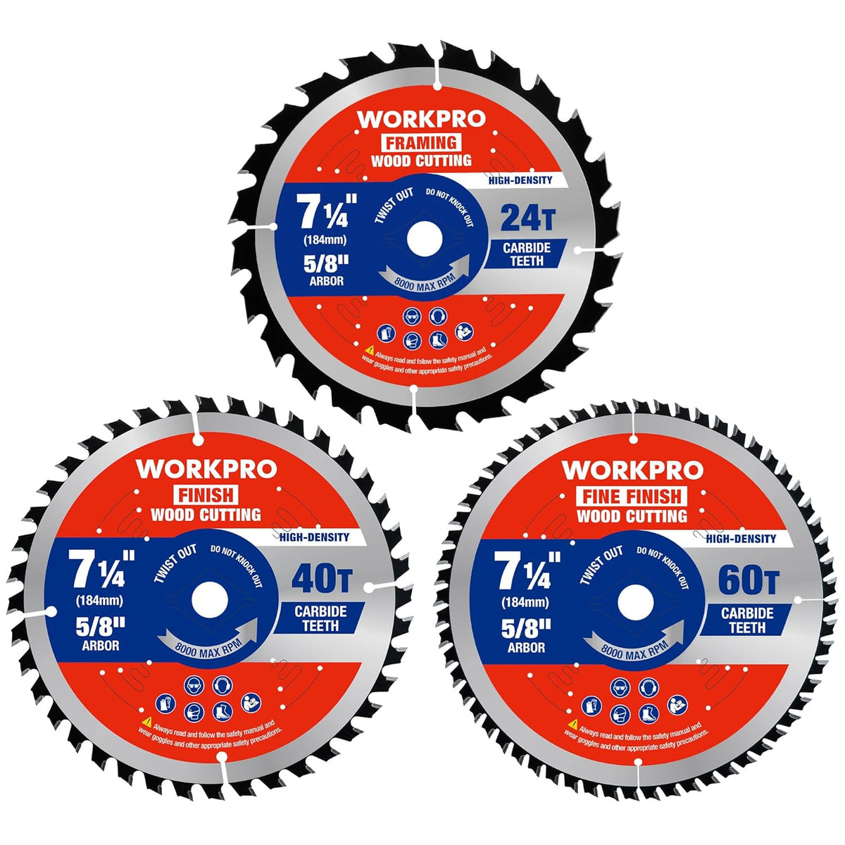 3-pack 7-1/4 in circular saw blades, red/gray carbide-tipped ATB, thin kerf