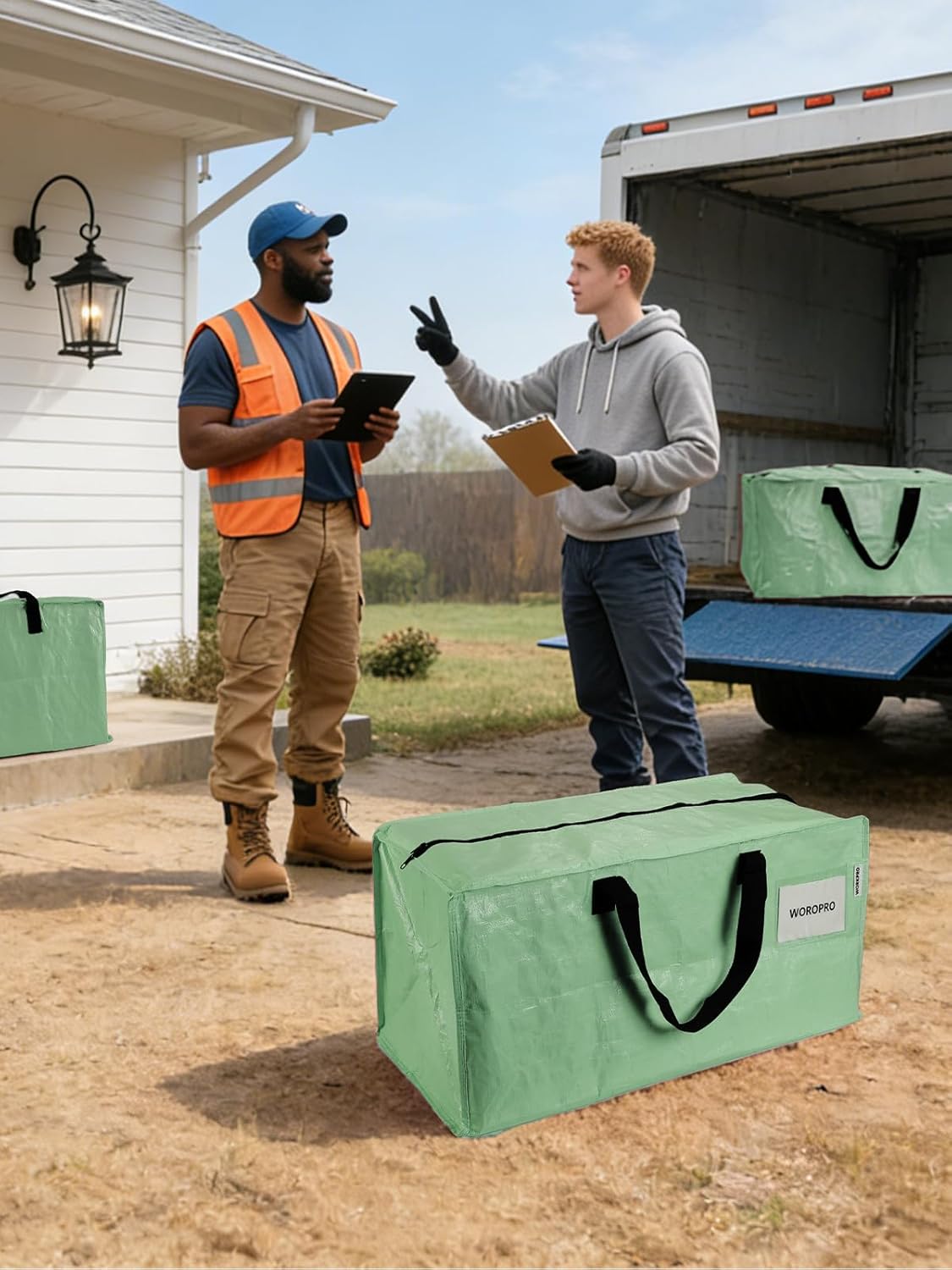 Green extra-large moving bag with zipper and black carry handles