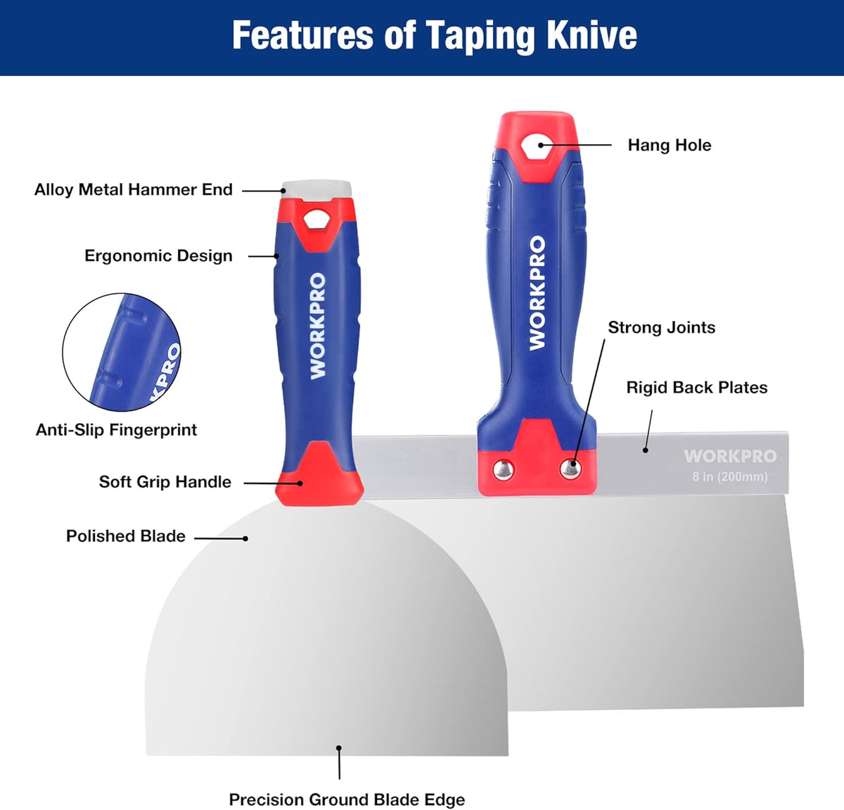 WORKPRO taping knife with polished stainless blade, soft grip handle, and hang hole