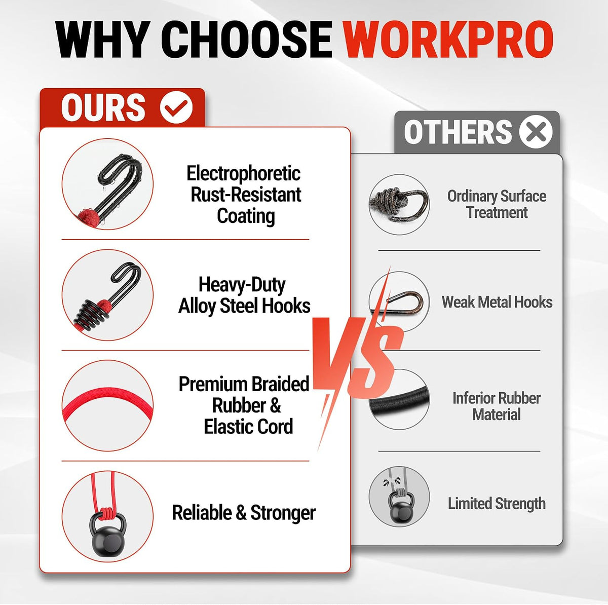 Workpro bungee cords with hooks in red with reinforced spiral cord and double metal rings for secure cargo tie downs.