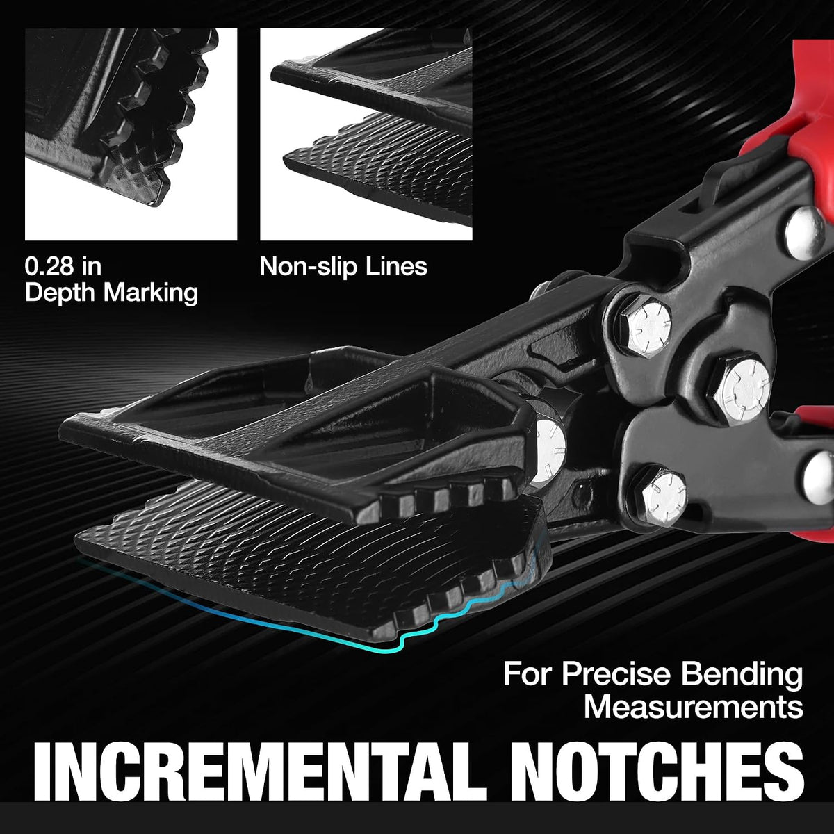 Workpro hand seamer tool, 3 inch sheet metal bender in black and red with non-slip lines and a 0.28 inch depth marking.
