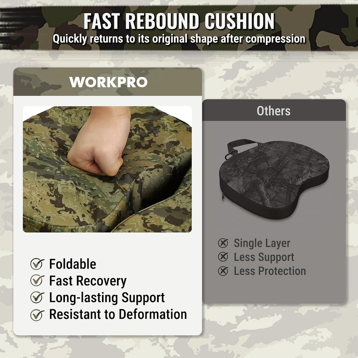 WORKPRO Hunting Seat Cushion in camo with durable quality foam for innovation, secure and convenient support
