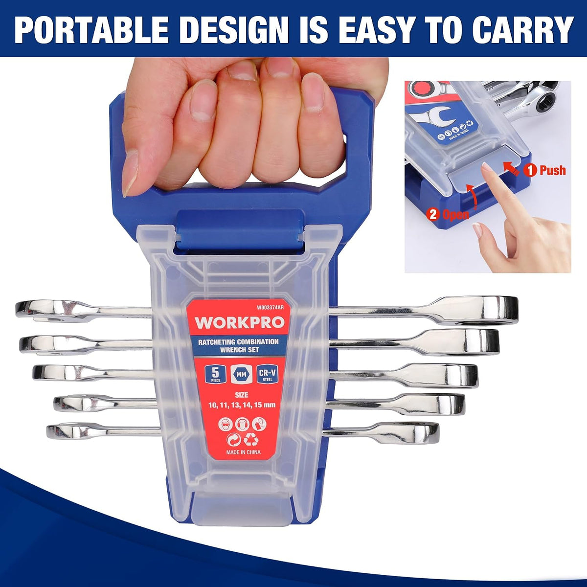 Workpro metric ratcheting wrench set with silver tools, a blue holder, and clear storage cover for easy carrying.