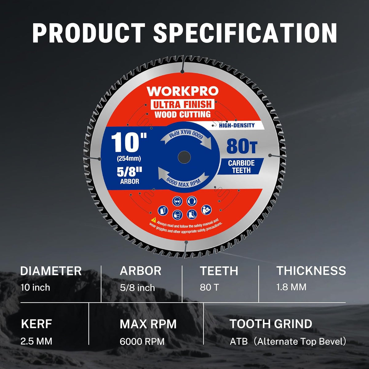 10 in woodworking circular saw blade specs: 80T carbide teeth, 5/8 in arbor, 1.8 mm thickness