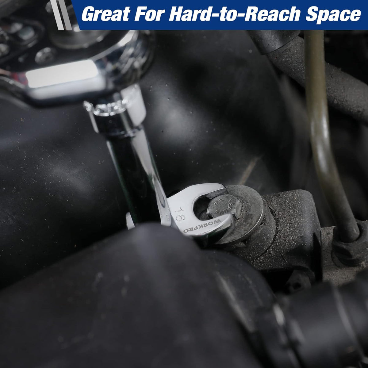 Chrome crowfoot wrench gripping a fastener in a tight engine bay space.