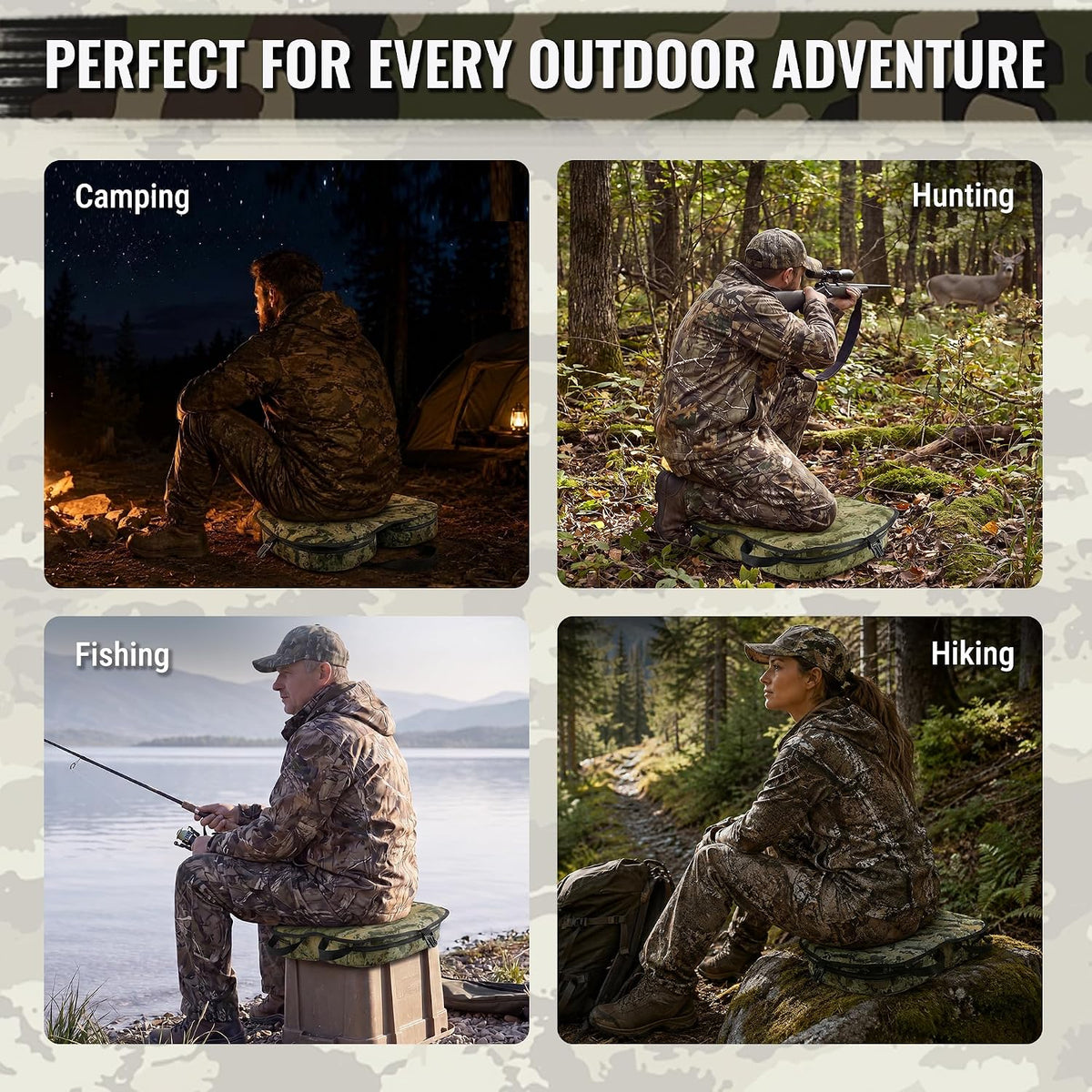 WORKPRO Hunting Seat Cushion in camo with convenient folding design, innovation quality, secure and durable