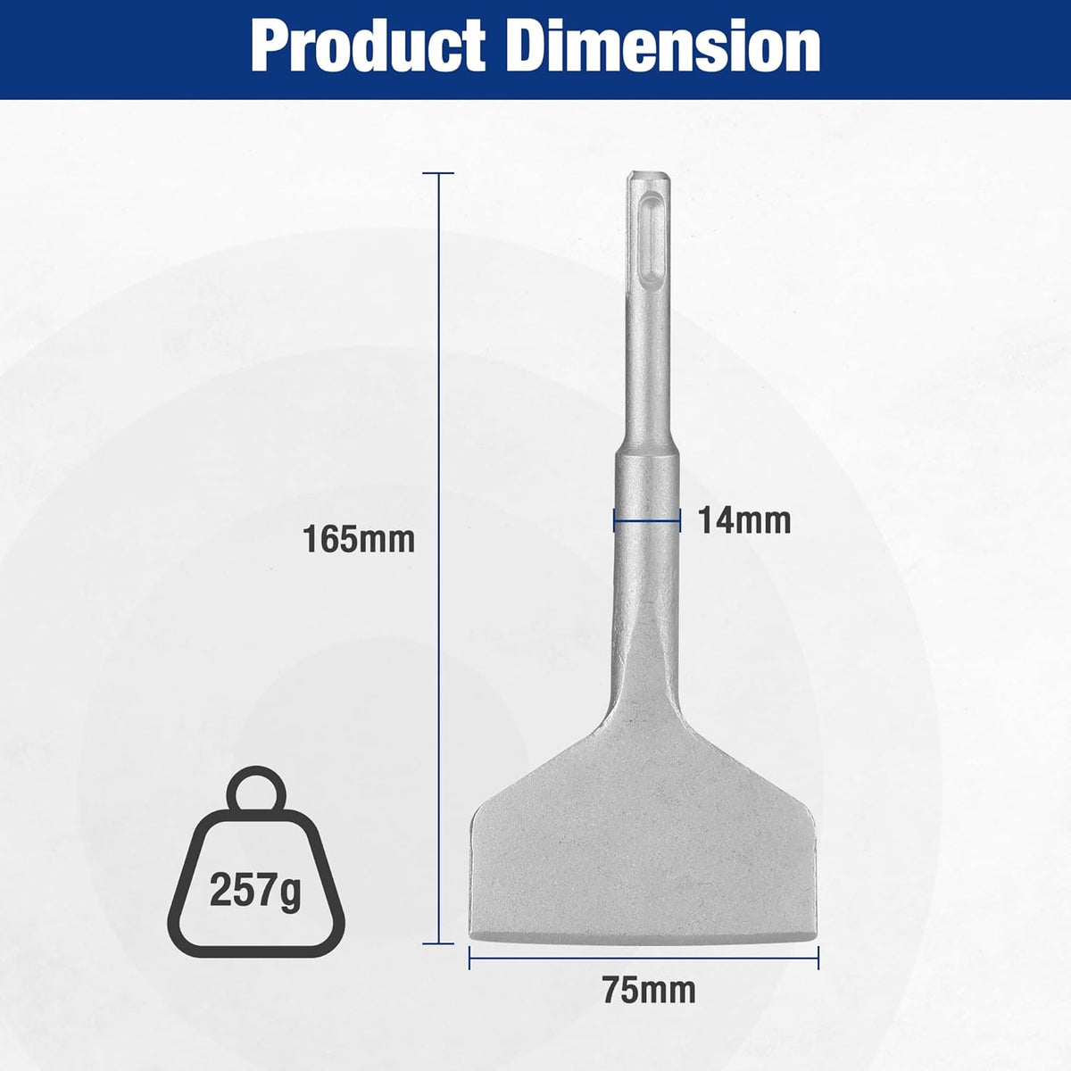 SDS-Plus chisel with wide flat bent blade and tall shank shown in dimension diagram
