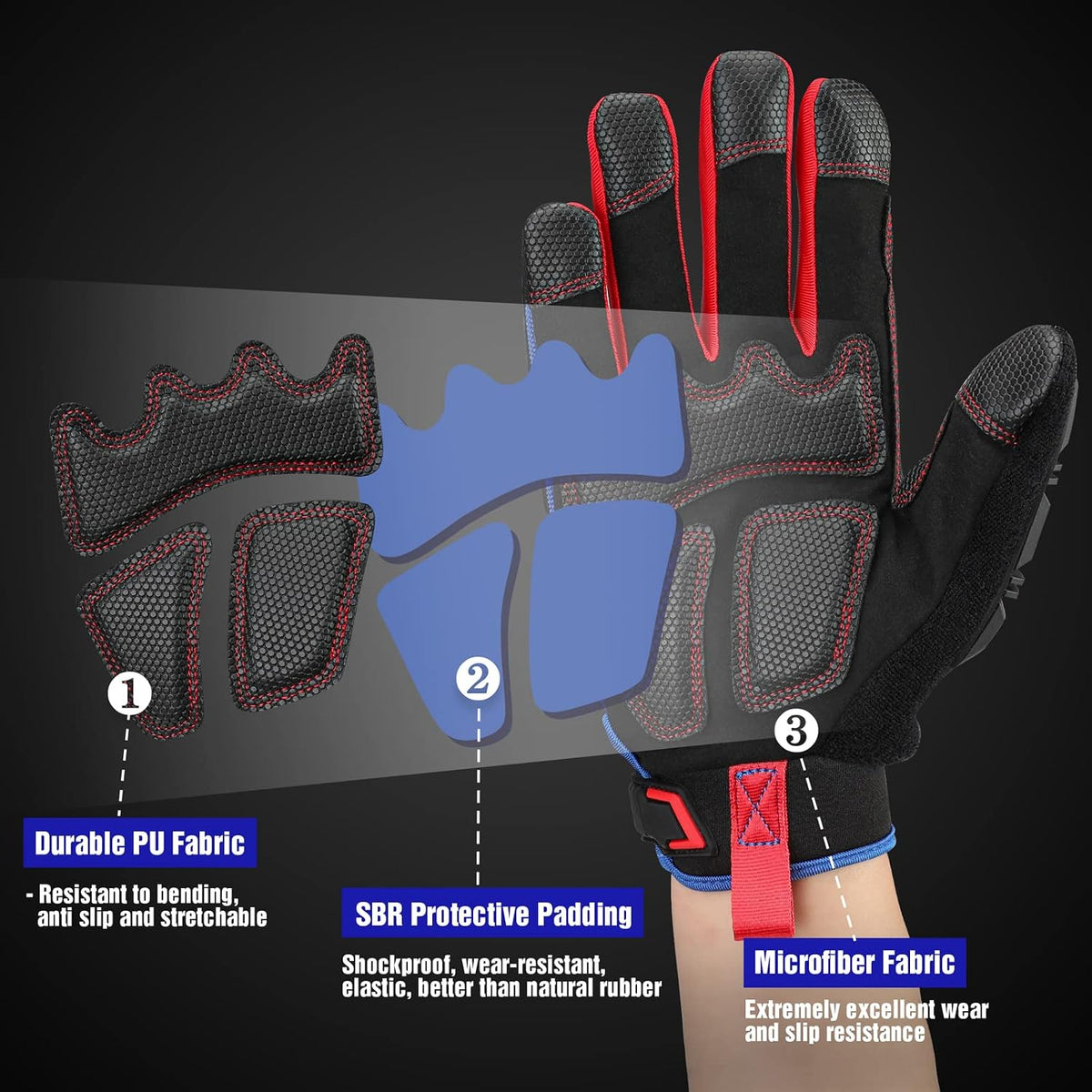 WORKPRO Heavy Duty Work Gloves in black with red trim, durable PVC impact protection and secure grip
