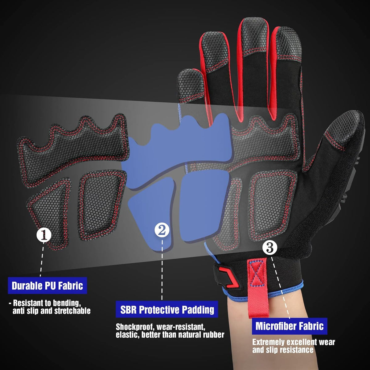 Black work gloves with blue back panel, red trim, padded protective knuckles and grips